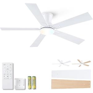 52 Inch White Flush Mount Ceiling Fan with Light, 3CCT Dimmable LED, 6-Speed Remote Control, Reversible Motor,Quiet Low Profile Energy-Efficient for Bedroom & Living Room,ETL Listed