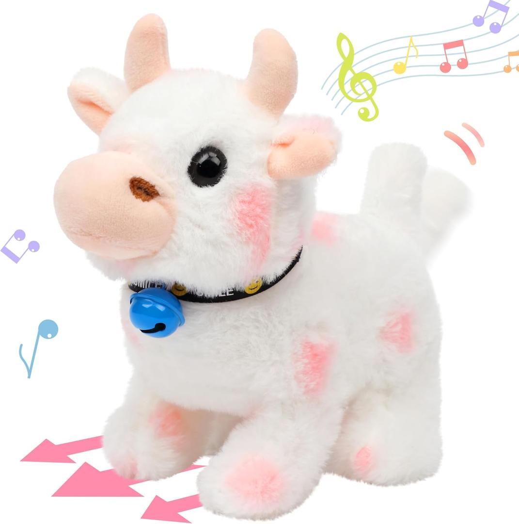 Hopearl Walking Cow Interactive Electronic Pet Plush Diary Cattle Toy with Sounds and Movements MOO Nodding Head Wag Tail Animated Gifts for Toddlers Birthday, Pink, 7''