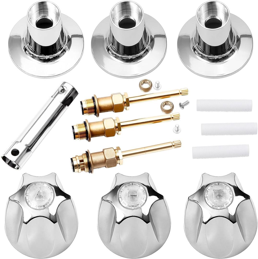 3 Handle 39619 Bathtub and Shower Remodel/Rebuild Trim Kit Compatible with Price Pfister Verve Faucets, Shower Faucet Knob Kit Includes 12H-2H 12H-2C 12H-18D Stems, Chrome knob Handle and Flange Base
