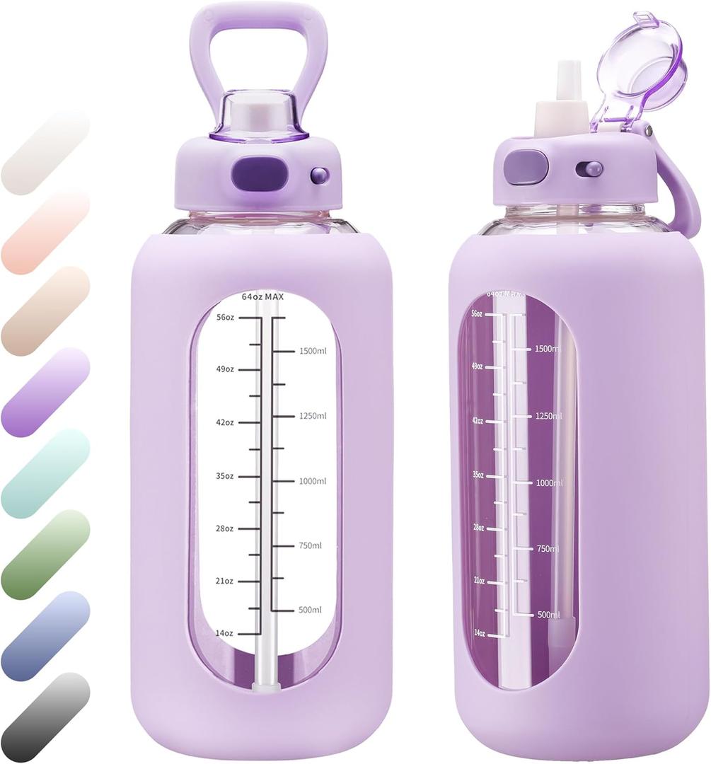 SIEROZUR 64 oz Glass Water Bottle with Straw and Handle Half Gallon Large Water Bottle with Silicone Sleeve and Time Marker Sports Water Jug Wide Mouth for Travel Gym (Purple)