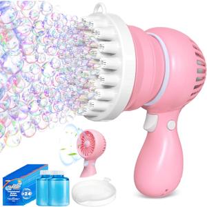 Sloosh Bubble Machine Gun with Solution Refill, Removable Fan, Rocket Shape Bubble Guns Blaster for Kids Adults, Summer Toys, Party, Easter, Birthday Gift, Outdoor (Pink)