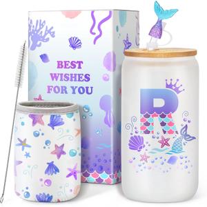 Clexela Birthday Gifts for 4 5 6 7 8 9 10 11 12 Year Old Girls Monogrammed Initial Glass Cups,16oz Glass Cups with lid and straw, Personlized Valentine Mermaid Gifts for Kids Girls Purple R