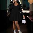 IWD Women's Square Neck Long Sleeve Mini Dress Ruched Corset Waist Tiered Ruffle Hem A Line Short Party Dresses,xs