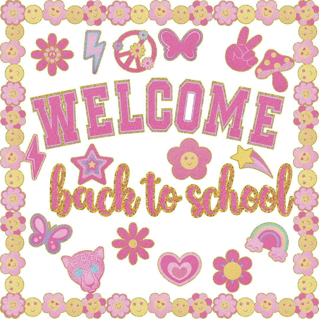 2 x Karenhi 108 Pcs Preppy Welcome Back to School Bulletin Board Set Smile Face Daisy Classroom Borders Groovy Colorful Preppy Face Paper Cutouts for Back to School Classroom Chalkboard Wall Door Decor