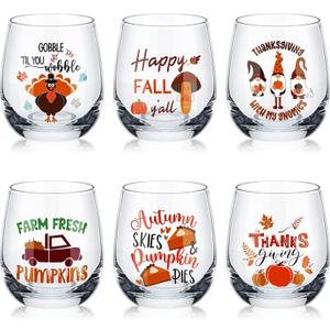 Pickmesh 6 Pcs Thanksgiving Fall Glass 12oz Autumn Stemless  Glass Cups Pumpkin Gnome Turkey Autumn Leaves Party Gifts for Family Women Men Friends Wedding Birthday Party