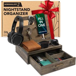 Nightstand Organizer for Men- Phone Docking Station with Drawer for Cellphone, Watches, Sunglasses & Accessories- Makes an Ideal Gift for Dad or Son (Rustic)