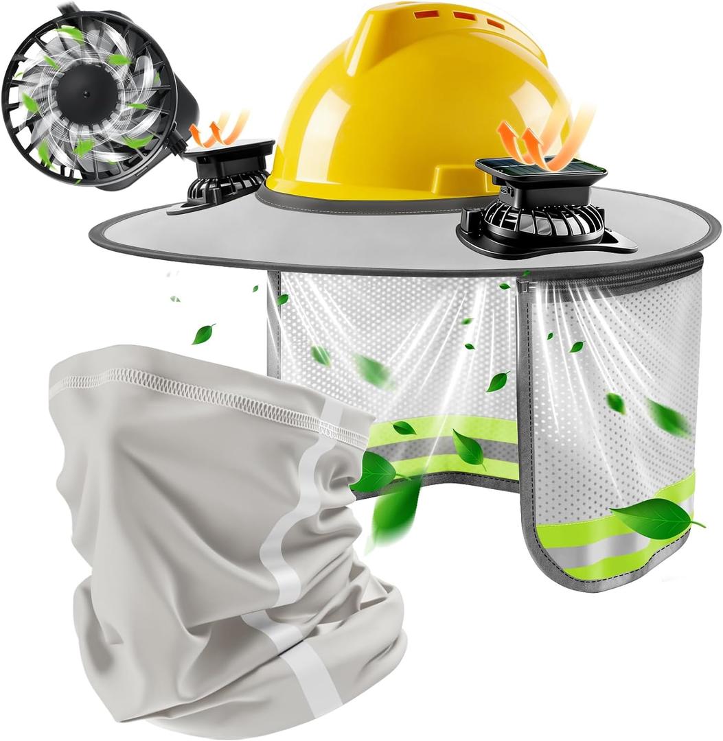 Hardhat Sun Shade Kit, Hard Hat Visor Sun Shade Full Brim with Solar Fans and Neck Gaiter, Hard Hat Sun Shield with Reflective Strip for Construction Workers Outdoor Summer Protection (Grey), 19.5"*8.6"