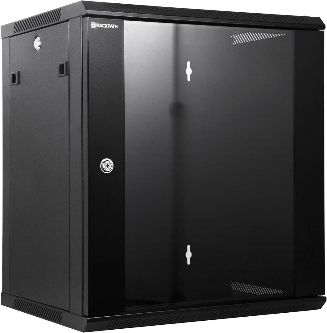 RackPath 12U Wall Mount Network Rack Cabinet  Quiet Cooling Fan, Locking Glass Door, 17.7" Deep (450mm), Removable Locking Side Panels, Fits 19" IT & A/V Equipment