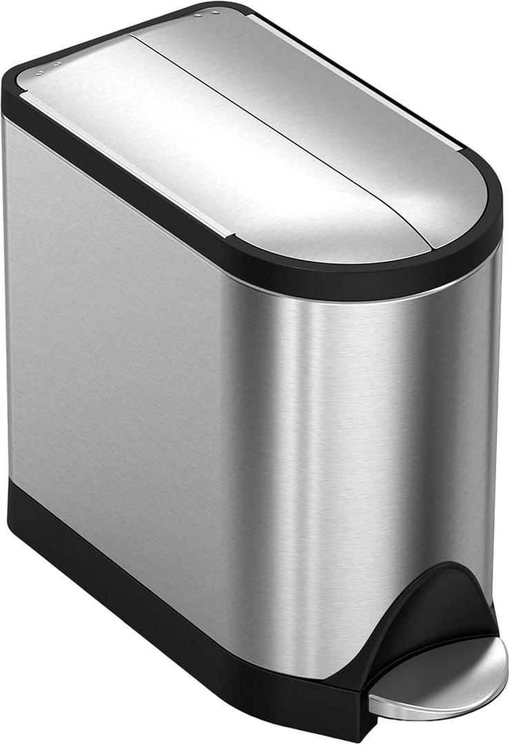 simplehuman 10 Liter / 2.6 Gallon Butterfly Lid Bathroom Step Trash Can, Brushed Stainless Steel with Black Trim