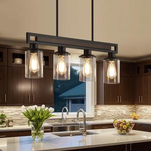 Farmhouse Dining Room Light Fixture, 4-Light Wood Kitchen Island Lighting for Dining Room Over Table, Black Adjustable Pendant Light with Clear Glass Shades, Linear Chandeliers Lighting for Kitchen