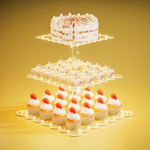 PinCute Acrylic Cupcake Stand, 3 Tier Cupcake Tower Holder with LED String Light, Dessert Table Display Cake Stand for Birthday Candy Bar Weddings Party Dcor, Yellow Light