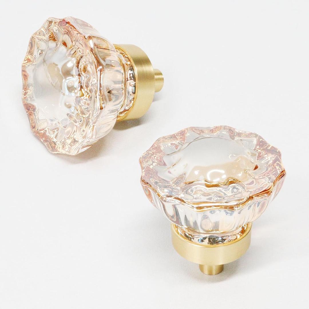 Cabinet Knobs 6 Pcs, Crystal Drawer Knobs 1.4" Diameter Glass Handles for Dresser, Kitchen, Bathroom (Flower Champagne)