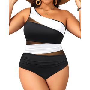 Aqua Eve Plus Size One Piece Swimsuit for Women Tummy Control Bathing Suits One Shoulder Swimwear (18 Plus, Black and White)