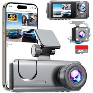 3 Channel Dash Cam Front and Rear Inside, Bulit a 32GB Card, Dash Camera for Cars,4K Full HD 2.0'' IPS Screen Dashcam with G-Sensor, IR Night Vision, WDR, Loop Recording, 24H Parking Mode