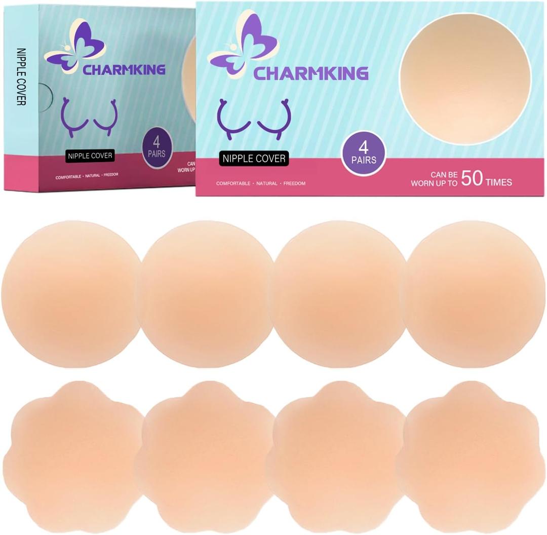 CHARMKING Pasties Nipple Covers 4 Pairs for Women, Reusable Adhesive Silicone Nipple Covers No Show (Beige)