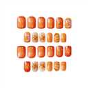 2 x Short Nails Press on Square Gold Nails 3D Fake Nails Orange False Nails with Sun&Moon Floral Designs Flower Stick on Nail Glossy Glue on Nail for Women Girls 24Pcs (Style25)