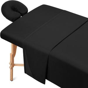 Comfyanno Massage Table Sheets Sets, 3 Pcs Brushed Microfiber Massage Bed Cover Sheets, Soft, Light-Weight, Stain & Wrinkle Resistant, Includes Flat & Fitted Sheet, Face Cradle Cover - Black
