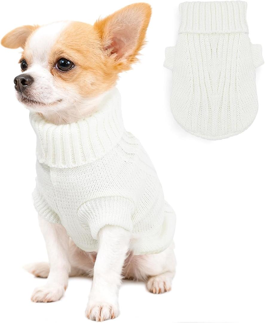 Knitted Puppy Sweater - Warm Winter Dog Sweater - Extra Small Turtleneck Pullover - Thick Pet Knitwear for Chihuahua, Teacup Dog, Yorkie (White)