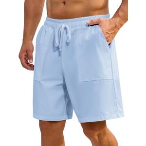 LIFROWI Men's Shorts Casual Cotton Linen Shorts Golf Elastic Waist Drawstring Loose Fit Summer Beach Outfits Size M, Light Blue