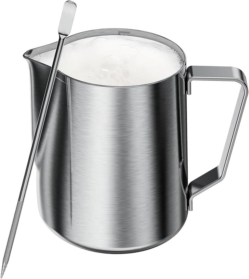 Maestri House Milk Frothing Pitcher, 12oz Espresso Steaming Pitcher Milk Frother Cup, Milk Coffee Cappuccino Latte Art, 304 Stainless Steel Jug Cup with Decorating Art Pen