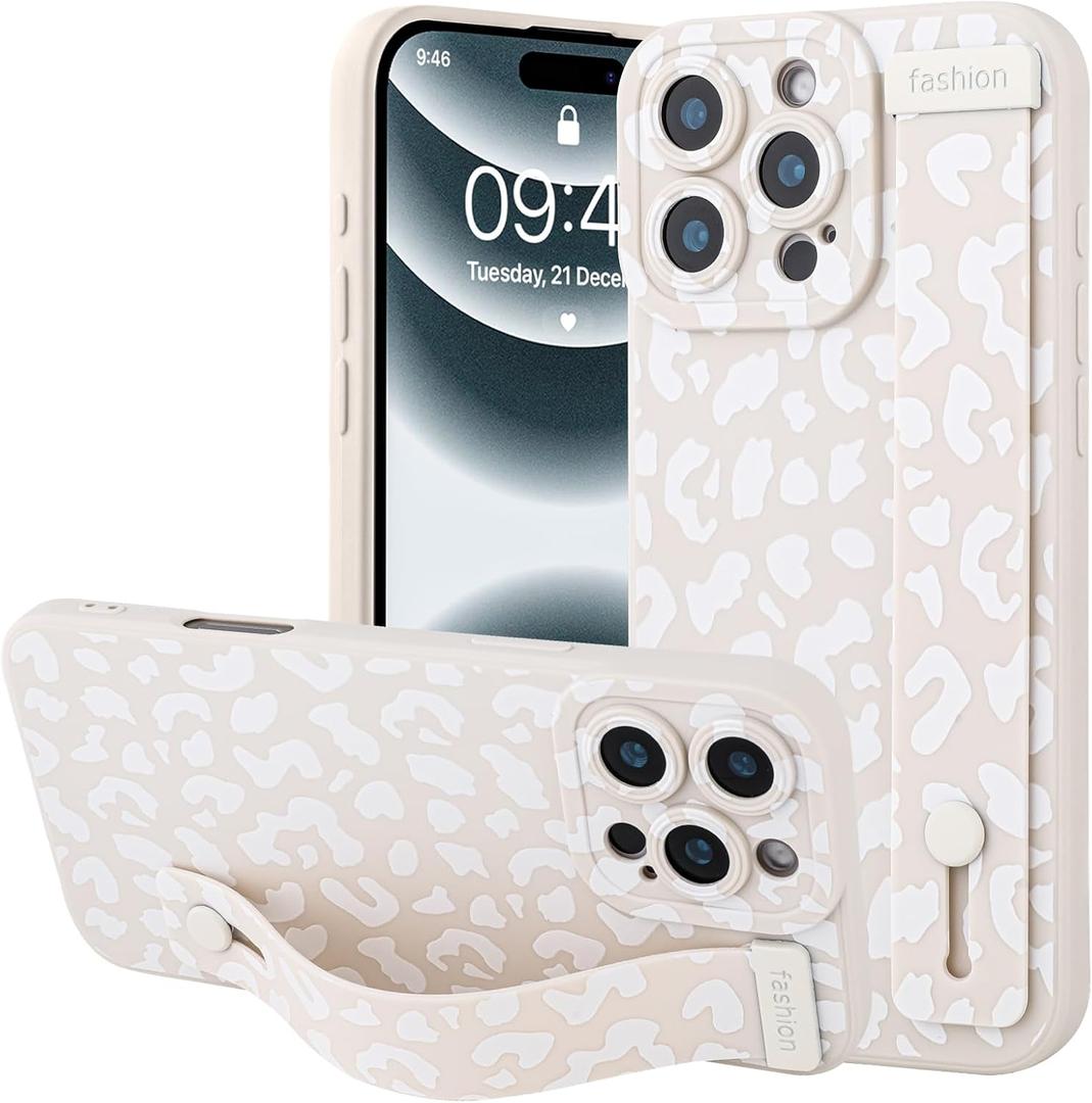 OOK Compatible with iPhone 16 Pro Max Leopard Case with Wrist Strap, White Leopard Cheetah TPU Shockproof Protection Slim Cover with Camera Protection for Women Girls, for 6.9inch