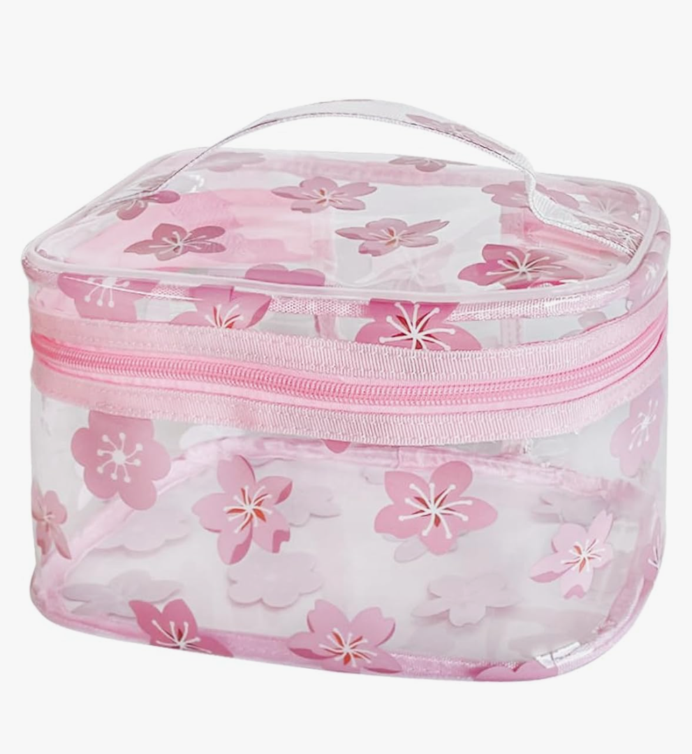 Clear Pink Flower Cosmetic Bag and Travel Pouch with Handle-Durable PVC Material,Versatile,Zipper Design for Smooth Sliding-Ideal for Makeup,Travel Essentials