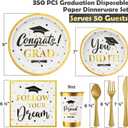 Ecomore Graduation Decoration Class of 2026, 350PCS Graduation Party Supplies Disposable Dinnerware(Serve 50) with Paper Plates Cup Napkin Fork Knife Spoon College High School Grad Decor(White & Gold)
