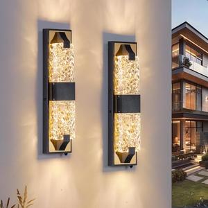 HITTO Dusk to Dawn Outdoor Lighting,18.5'' Porch Lights Outdoor IP65 Waterproof Exterior Lighting Fixtures 12W LED Ripple Crystal Modern Outdoor Light for House, Garage, Door, Patio 2pcs(Black & Gold)