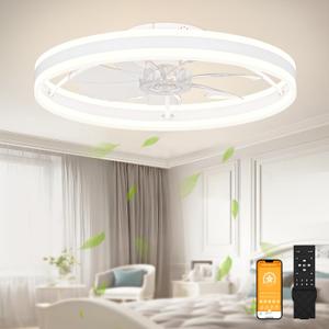 VOLISUN Low Profile Ceiling Fans with Lights and Remote, 23.6in Flush Mount Ceiling Fans with Light, 3000K-6500K Dimmable Fandelier LED Fan Light, White Bladeless Ceiling Fans with Lights for Bedroom