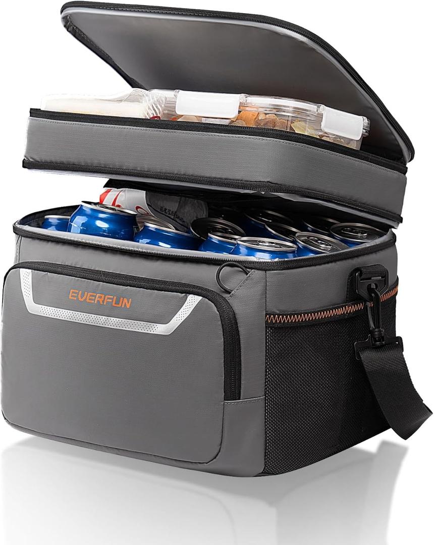 EVERFUN Small Cooler Lunch Box Mini Leak-Proof Soft Double Deck 24 Can Personal Insulated Collapsible Portable Waterproof Lunch Bag Ice Chest for Men Women Work Travel Car Picnic Beach (Medium Size, Grey)