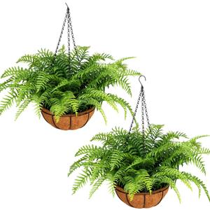 2 Set Fake Ferns with Hanging Baskets, UV Resistant Fake Hanging Ferns Plants, Outdoor Artificial Hanging Plants for Front Porch Garden Balcony Patio Home Decor, No Assembly