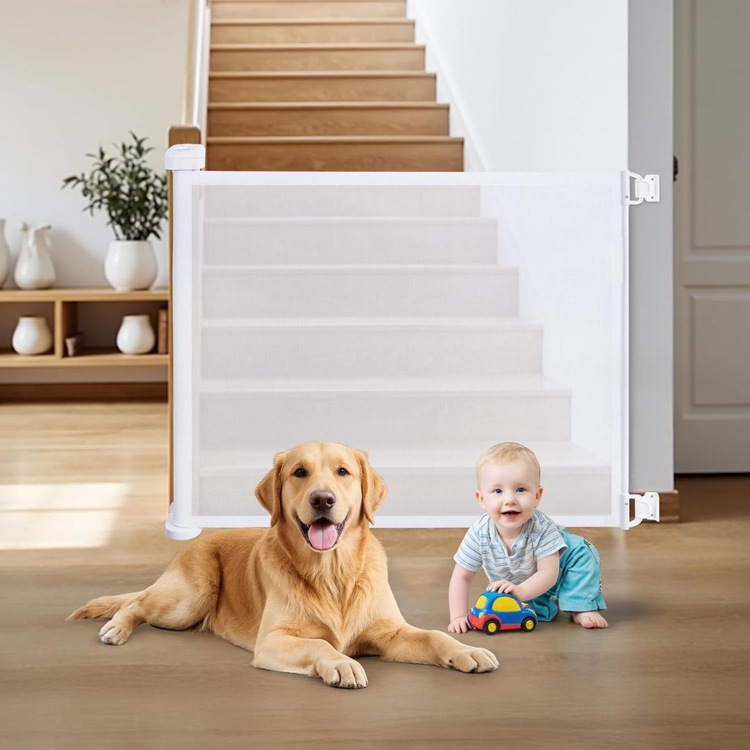 Babepai Retractable Baby Gates for Stairs, Dog Gates for Doorways, Mesh Baby Gate Extends to 52" Wide 34" Tall, Pet Gate Indoor Use for Hallways, Porch, Patio, Outdoor - White