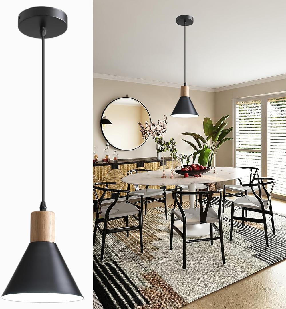 Mini Kitchen Over Island Pendant Lights, Solid Wood Ceiling Hanging Lamp, Modern Matte Black Pendant Lighting for Kitchen Island Dining Living Room Bedroom (Small-Black-1 Pack)
