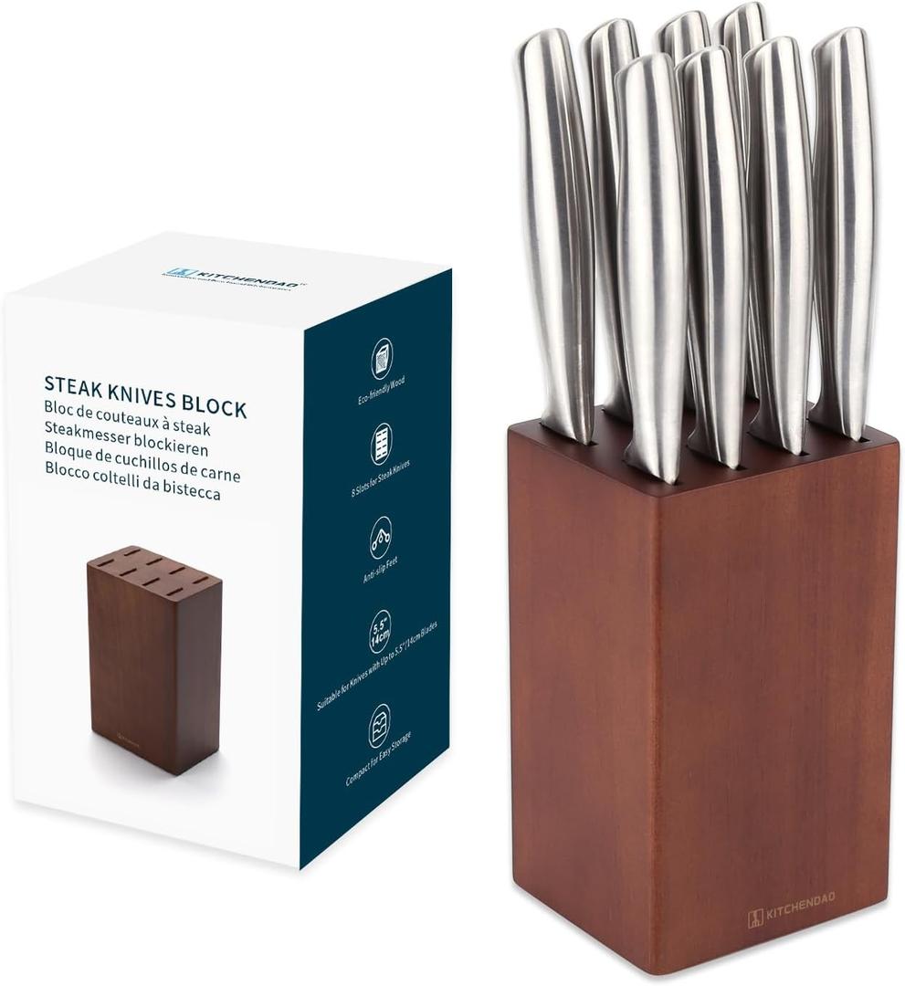 5.5 Steak Knife Block Holder without Knives with 8 Slots - Wooden Steak Knife Storage Block only - Space Saver-Compact Design Steak Knives Organizer - by KITCHENDAO