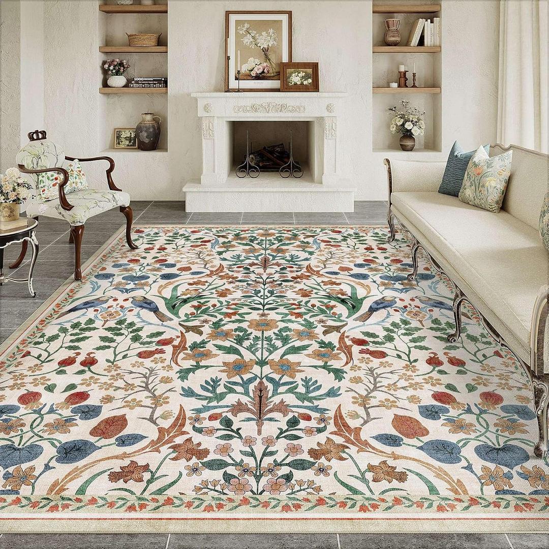 8x10 Washable Area Rug for Living Room Beige Floral Vintage Non Slip Low Pile Thin Rug Soft Lightweight Stain Resistance Carpet Bedroom Nursery Dining Room Office Classroom Playroom Home Decor