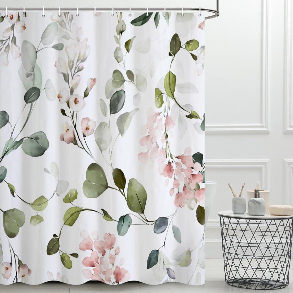 Sage Green Eucalyptus Shower Curtain, Watercolor Green and Pink Floral Shower Curtain Set with Hooks Waterproof Spring Botanical Bathroom Decor, 72x72 Inch