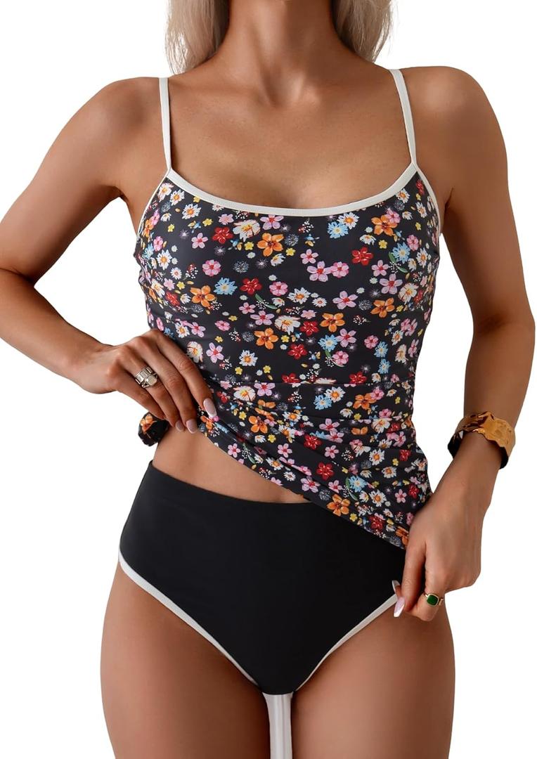 Eomenie Women's Tankini Swimsuits Two Piece Tummy Control Bathing Suit Color Block Slim Swimwear with High Waisted Bottom, Size S (Printed Black Pink)