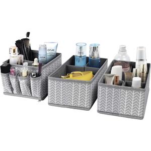 VERONLY Cosmetic Storage Bins Makeup Organizer, Adjustable Multifunction Storage Box Desk Drawer Divider for Makeup Brushes, Bathroom Countertop or Dresser, Set of 3 (Grey)