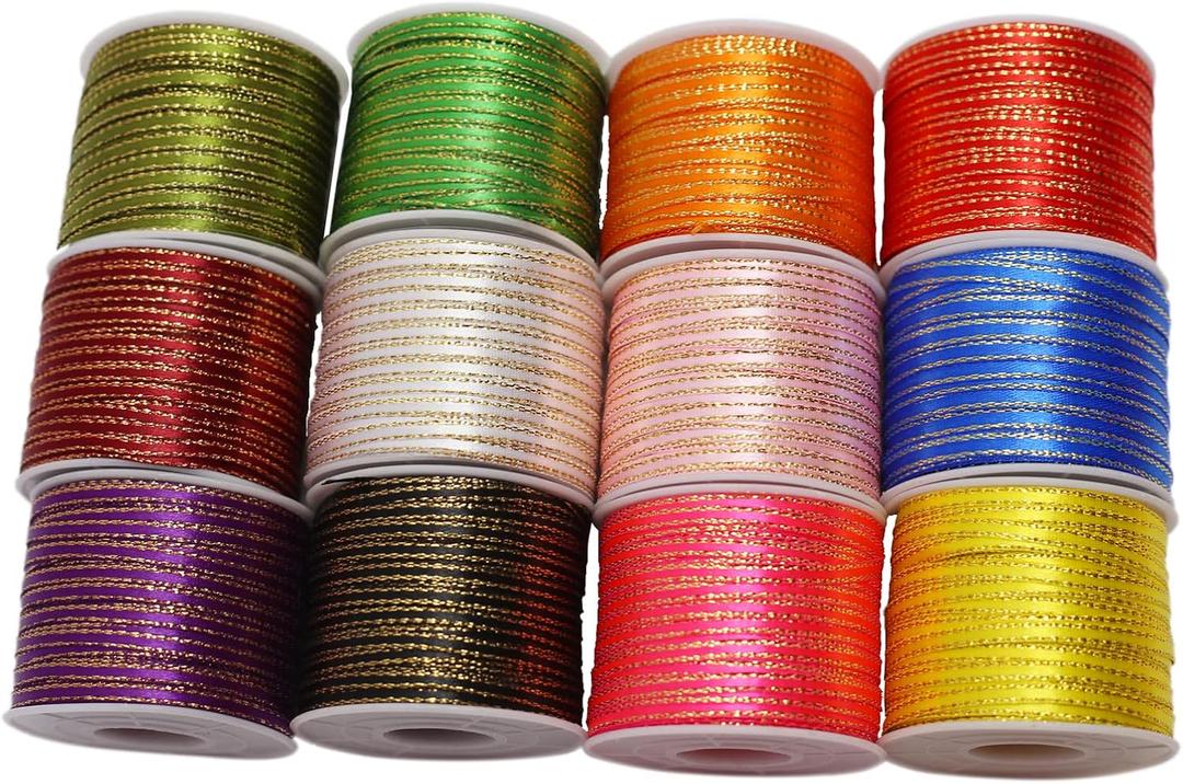 1/8" Assorted Satin Ribbon with Gold Edge Solid-1000 Yards-3mm Continuous Thin Ribbon Boutique Gift Wrapping Package Ribbon-DIY Crafts-Balloons-Florists-Showers Deco Ribbon(12 Colors)