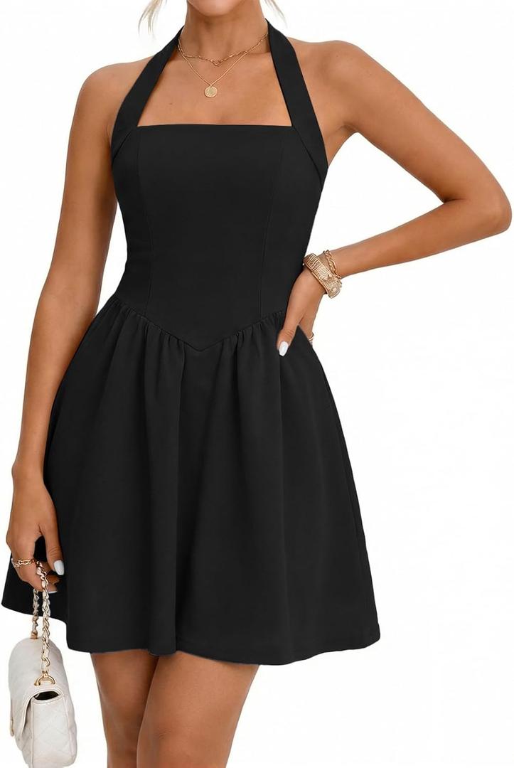 MEROKEETY Women's Summer Halter Neck Mini Dress 2026 Cute Ruched Waist A-line Flowy Graduation Cocktail Party Short Dresses (Black, XL)