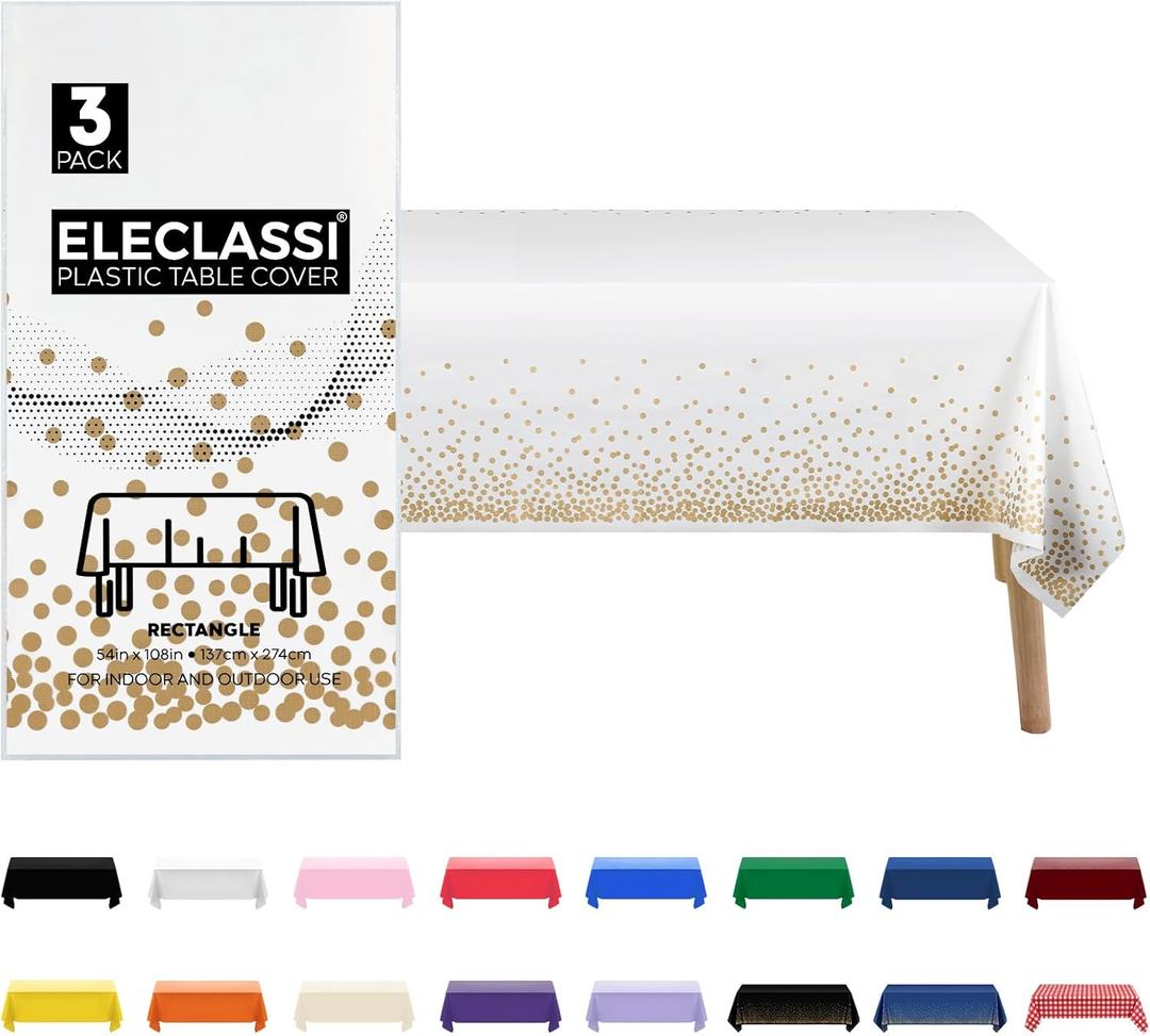 Eleclassi 12 Pack White and Gold Plastic Table Cloth Disposable Tablecloth DIA 84 in - Waterproof Plastic Tablecloths - Gold Polka Dot Birthday Tablecloth