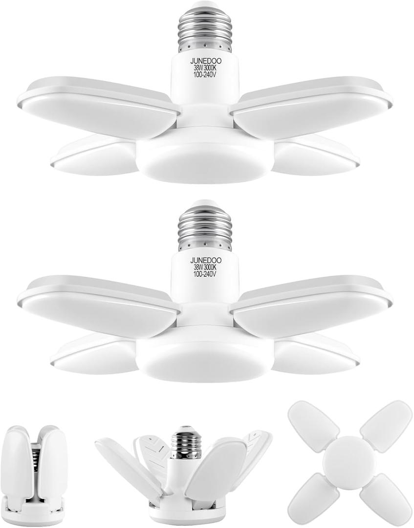 JUNEDOO LED Garage Light 38W,E26 Edison Screw Bulbs,3000K Warm White,4200Lm,300W Incandescent Bulbs Equivalent,No Dimmable,Pack of 2