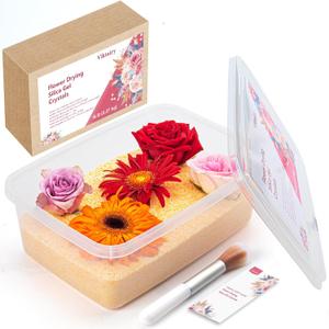 Silica Gel Flower Drying Crystals 5LBS, Reusable Color Indicating Flower Drying Silica with Airtight Container and Brush, DIY Wedding Bouquet Flower Preservation Kit, Fine Bead Size<1mm