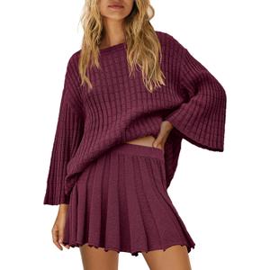 SENSERISE Fall Sweater Sets Skirt Sets Women 2 Piece Outfits Long Sleeve Top and Skirts Set Loungewear (X-Large, Burgundy Red)