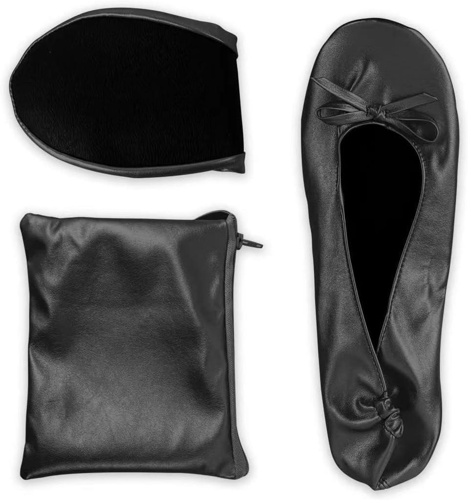 Stylish Foldable Ballet Flats for Women Portable Roll Up Travel Shoes for Wedding Bridesmaid Includes Carrying Pouch (XX-Large, Black)