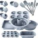 28 PCS Nonstick Silicone Baking Pans Set,With Baking Pan Cake Molds,Fluted Pans,Donut Pan,Muffin Pan,Nonstick Cake Pan Reusable Tube Oven Baking Mold for Muffin, Cake, Bread(Light Grey)