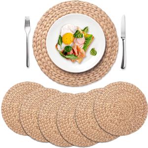 6 Pack, Round Woven Placemats, Natural Water Hyacinth Place mats, Braided Straw Table Mats for Dining Table, Christmas Placemats Set of 6 (15 inch)