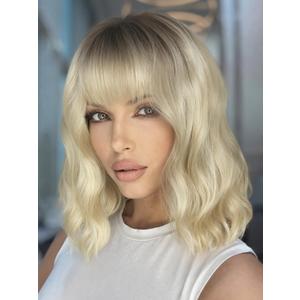 WIGER Short Ombre Ash Blonde Wave Hair with Bangs Synthetic Bob Curly Wigs Dirty Blonde Wavy Wig for White Women Daily or Cosplay Use Music Festival/Carnival/Valentine's Day Wig