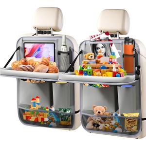 2Pack Car Backseat Organizer with Foldable Table Tray,6 Storage Pockets Car Storage Organizer with Tablet Holder,Car Seat Back Protectors Kick Mats Travel Accessories (Grey)