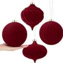 Civaner 4 Pcs 6 Inch Large Velvet Christmas Ball Ornaments Vintage Christmas Plastic Ball Ornaments Flocked Xmas Tree Hanging Decoration for Xmas Party Decor(Burgundy)